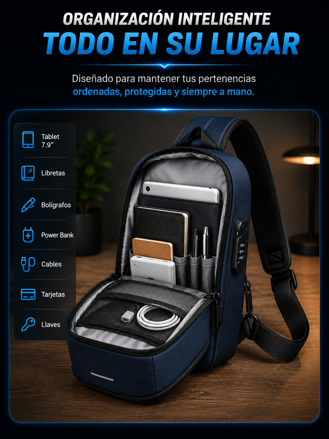 Organización inteligente: tablet, libretas, bolígrafos, power bank, cables, tarjetas y llaves, todo en su lugar